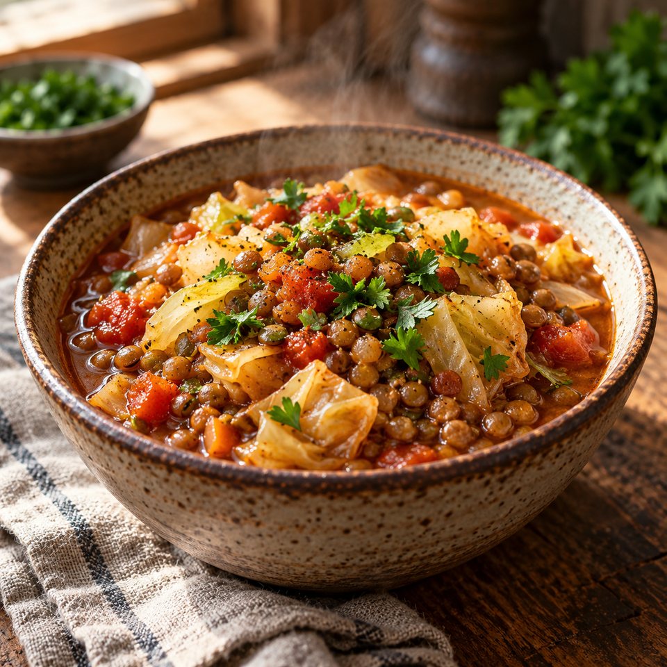 Чечевица тушеная с капустой и томатами