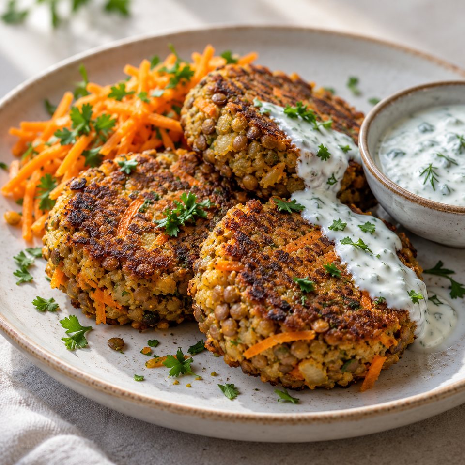Чечевичные котлеты с морковью и йогуртовым соусом
