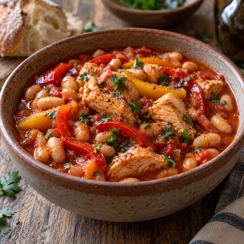 Фасоль с курицей и сладким перцем