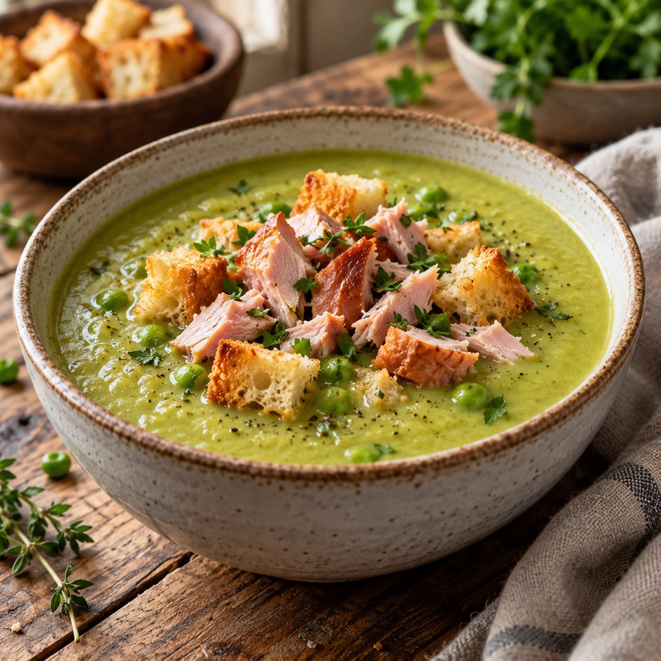Гороховый суп с копченой курицей и сухариками