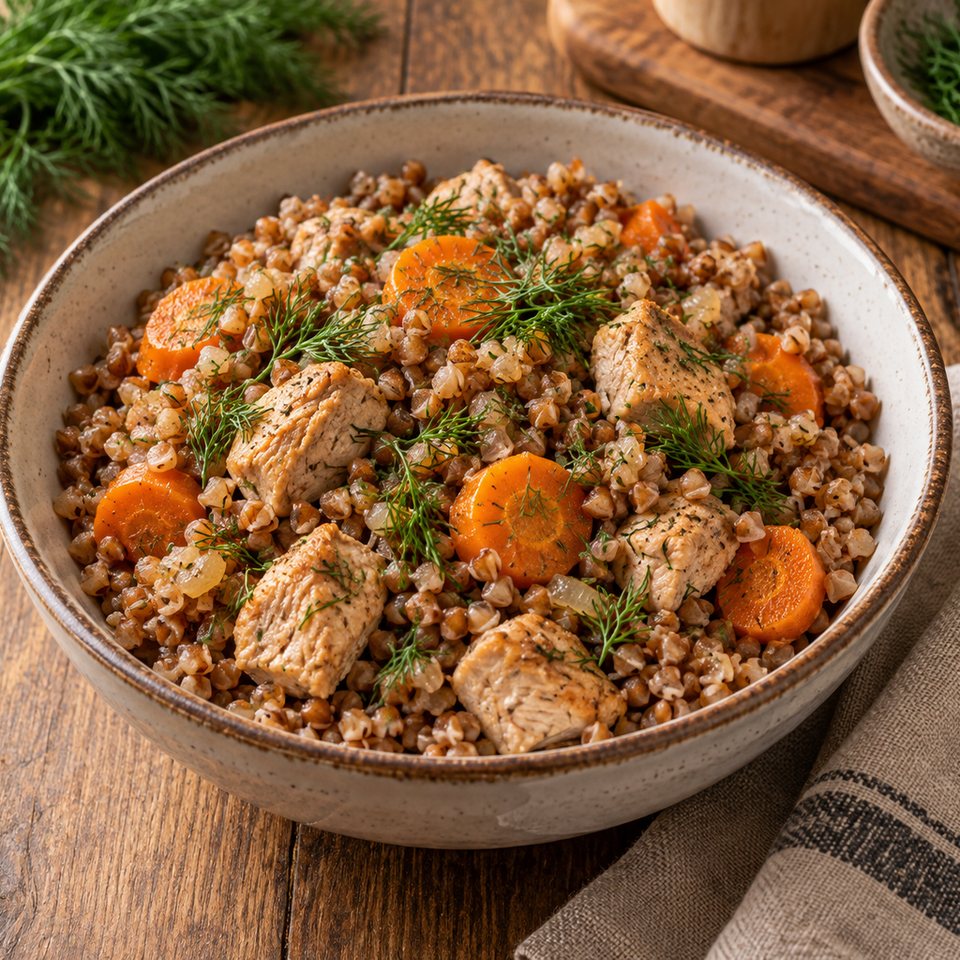 Гречка с индейкой, морковью и укропом