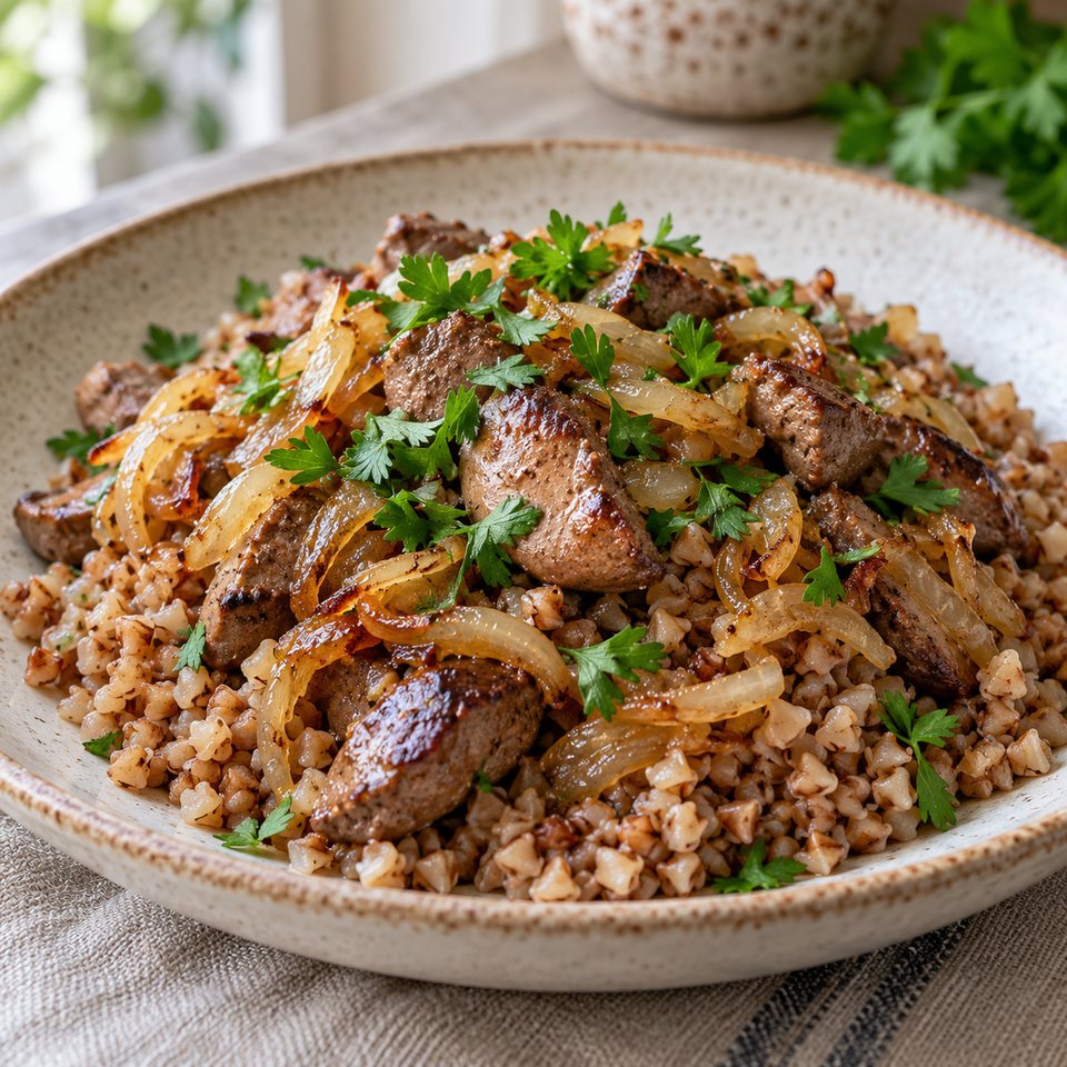 Гречка с куриной печенью и луком