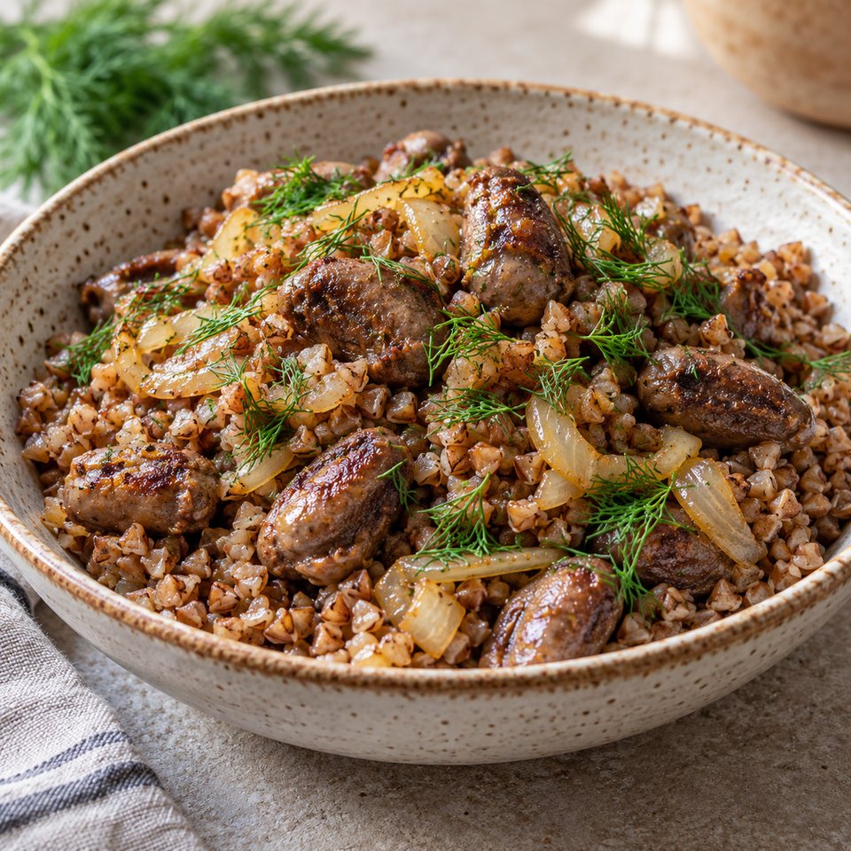 Гречка с куриными сердечками и луком