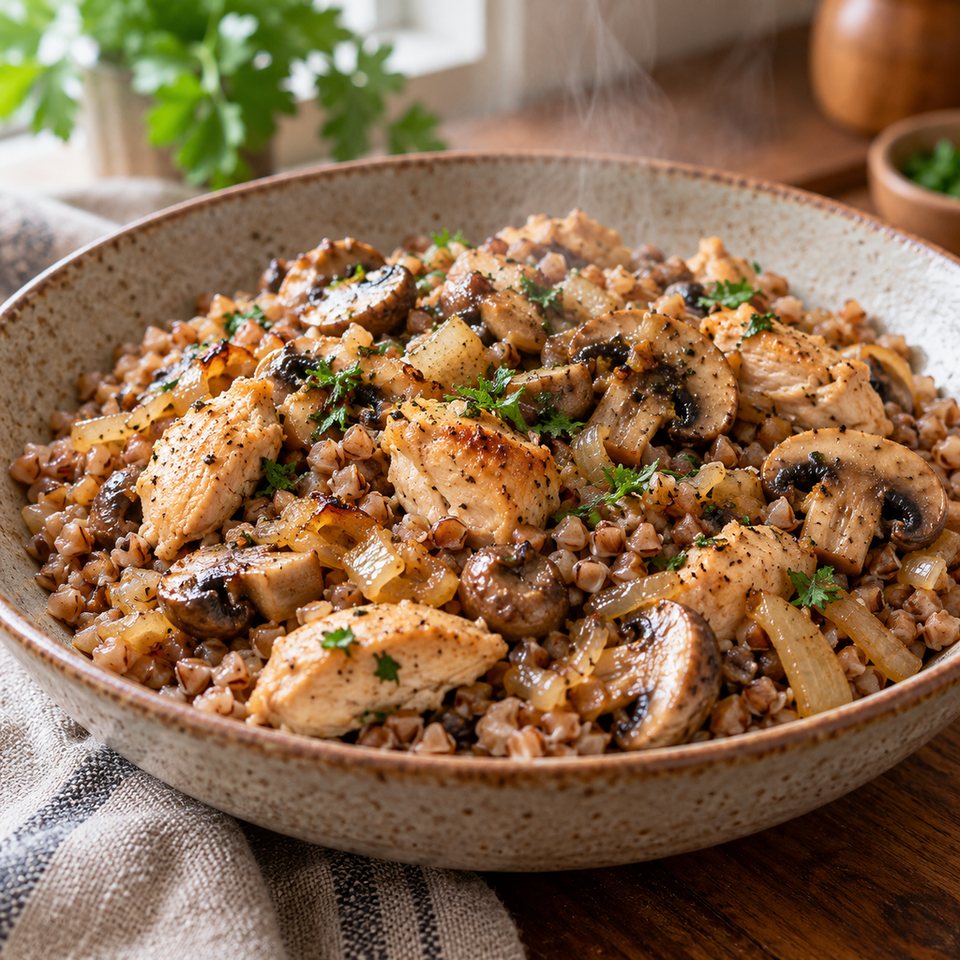 Гречка с курицей, грибами и луком
