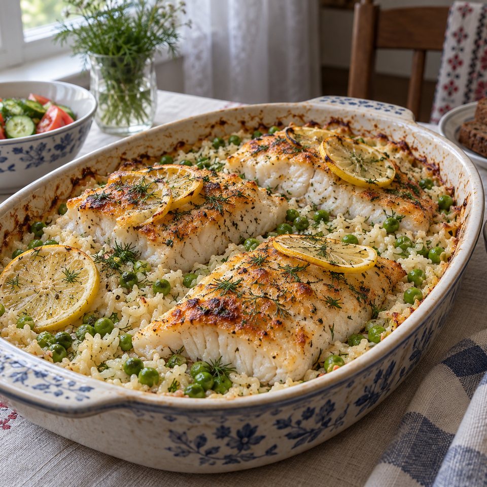Хек с рисом и зеленым горошком в духовке