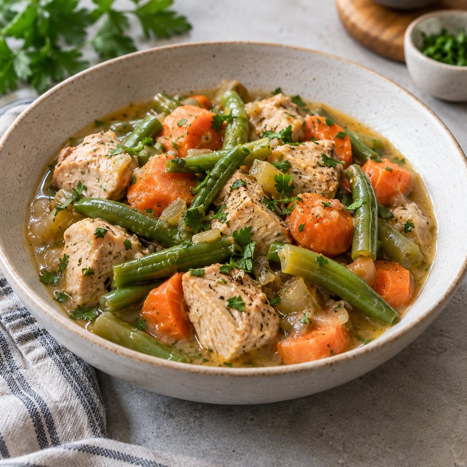 Индейка со стручковой фасолью и морковью