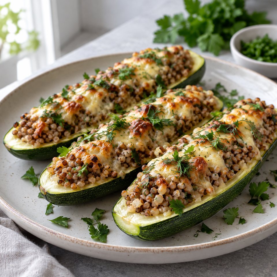 Кабачки, фаршированные гречкой и сыром