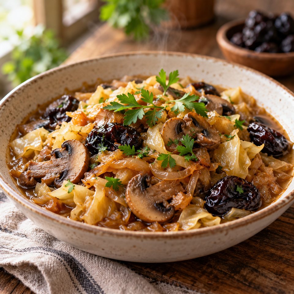Капуста тушеная с грибами и черносливом