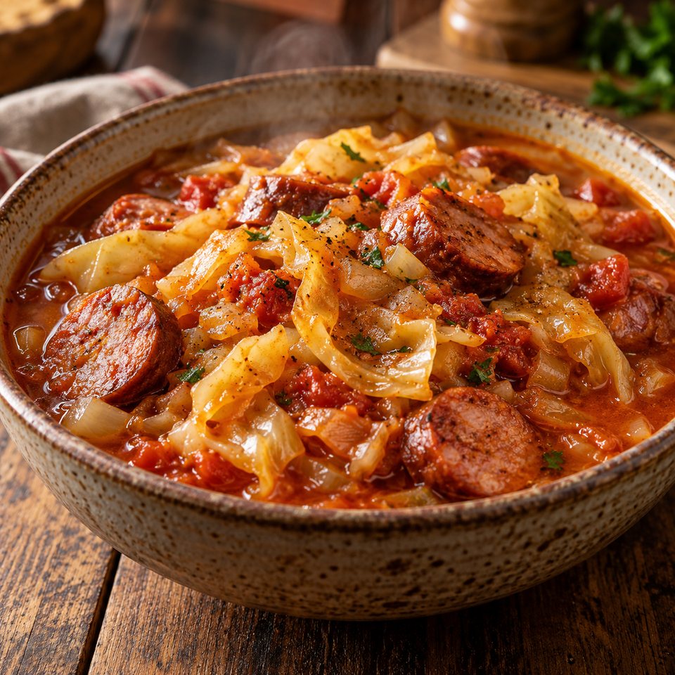 Капуста тушеная с сосисками