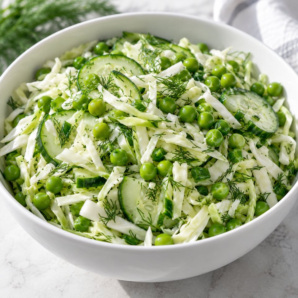 Капустный салат с огурцом и горошком