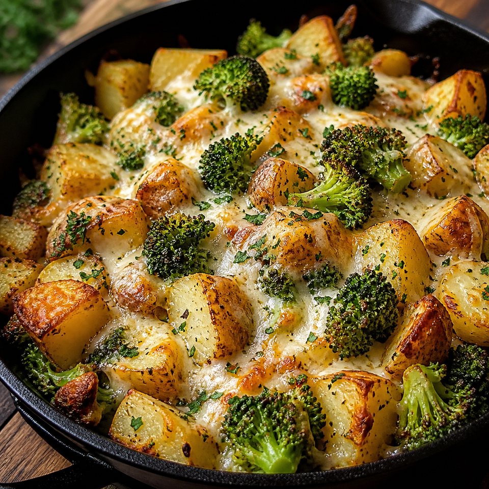 Картофель с брокколи и сыром на сковороде
