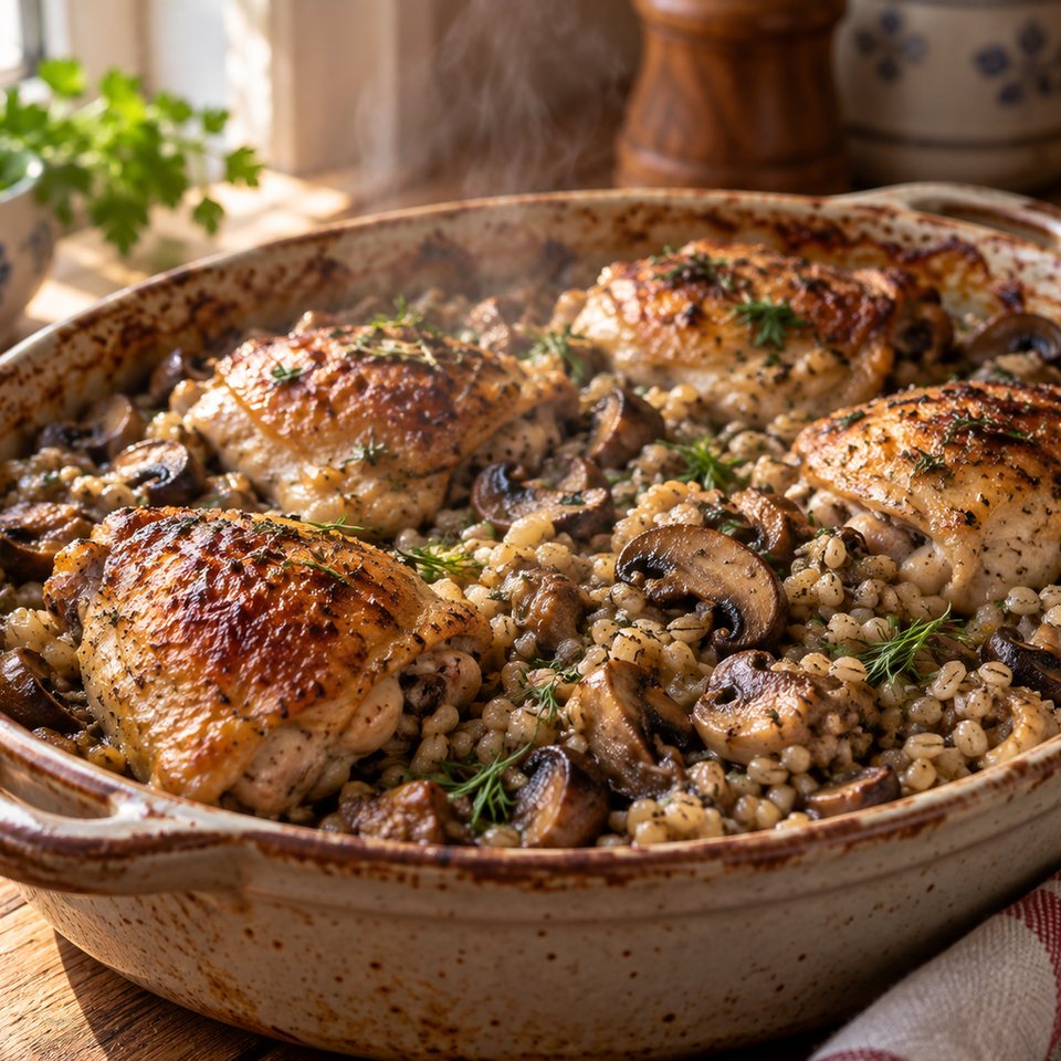 Куриные бедра с перловкой и грибами