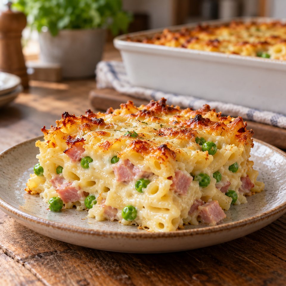 Макаронная запеканка с ветчиной и горошком