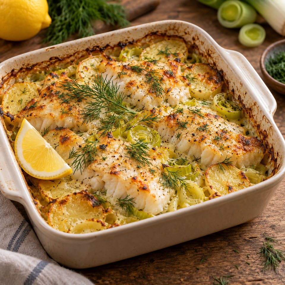 Минтай с картофелем и луком-пореем в духовке