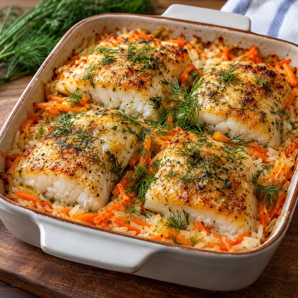 Минтай с рисом и морковью в духовке
