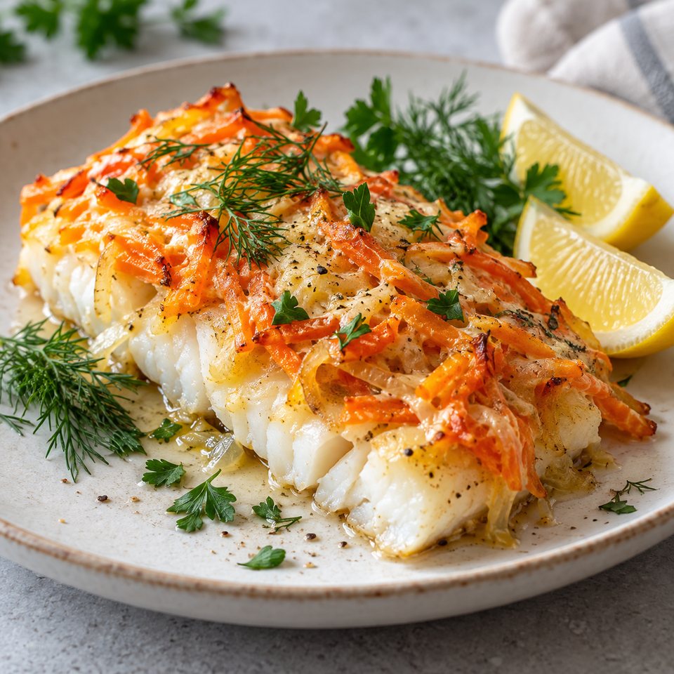 Минтай, запеченный с морковью и луком