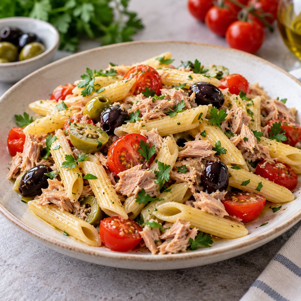 Паста с тунцом, помидорами и оливками