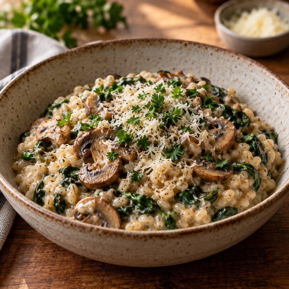 Перловка с грибами, шпинатом и сыром