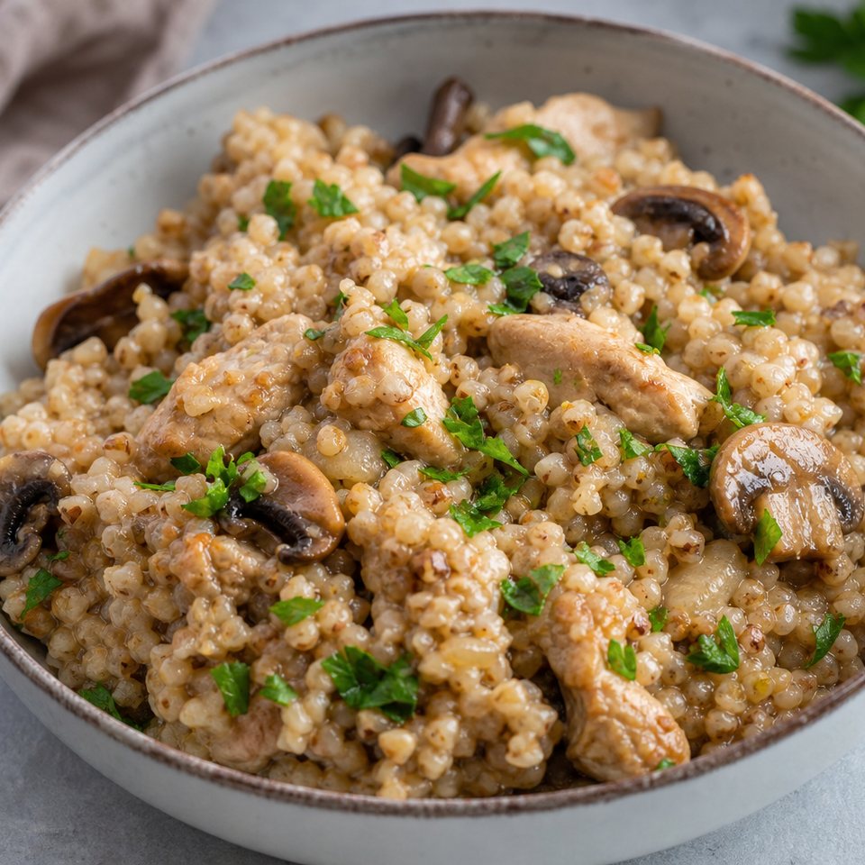 Пшеничная каша с курицей и грибами