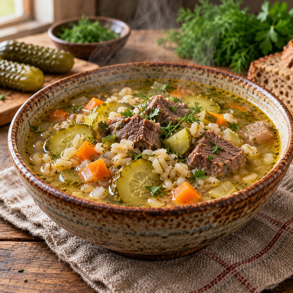 Рассольник с говядиной и перловкой
