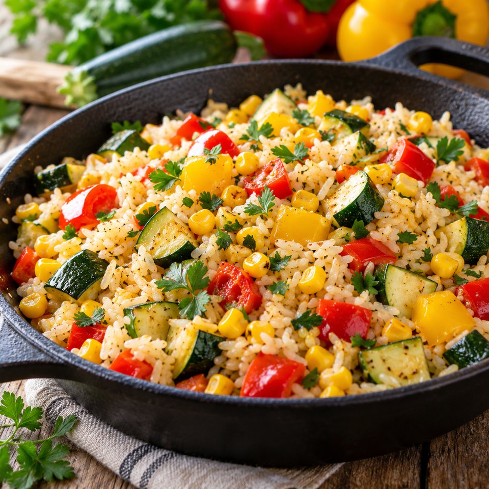 Рис с кабачком, перцем и кукурузой