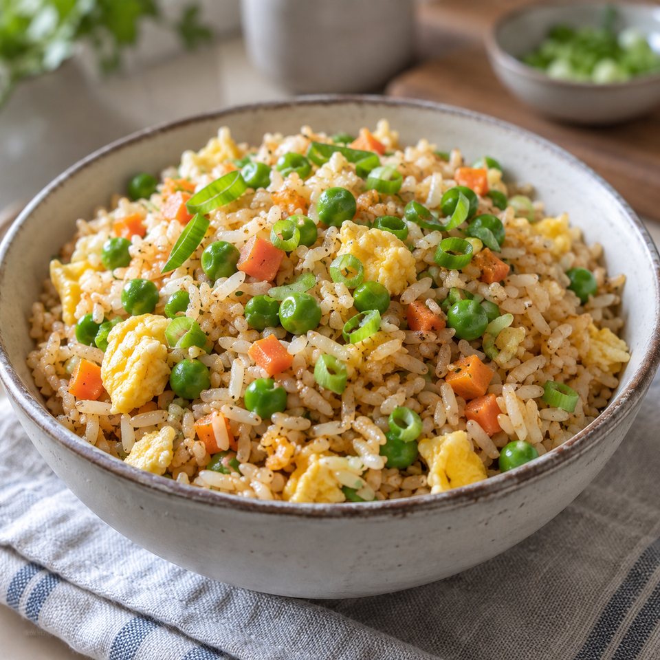 Рис с кукурузой, яйцом и зеленым луком