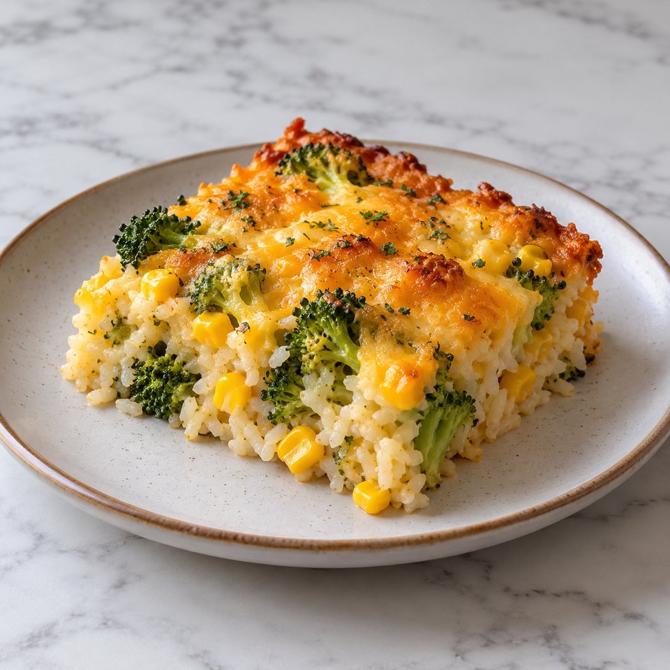 Рисовая запеканка с брокколи и кукурузой