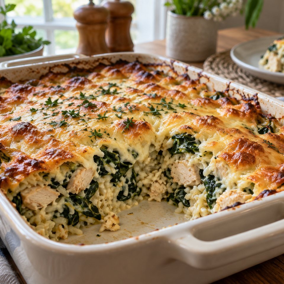 Рисовая запеканка с курицей, шпинатом и сыром