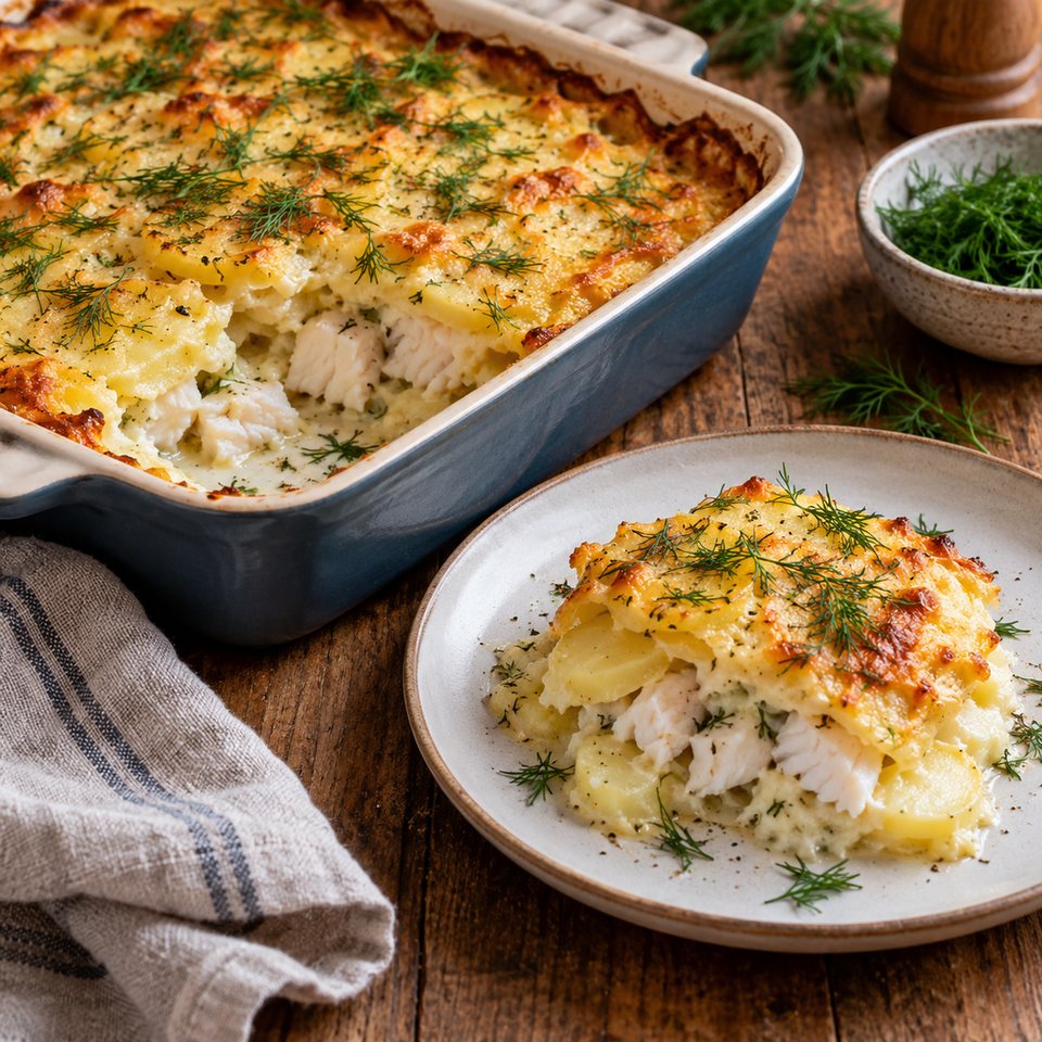 Рыбная запеканка с картофелем и укропом