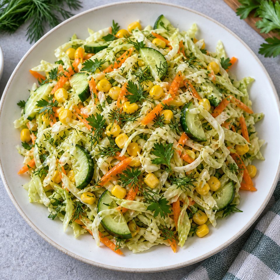 Салат из капусты с кукурузой и огурцом