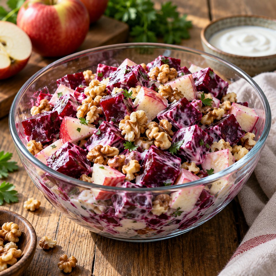 Салат из свеклы с яблоком и грецким орехом