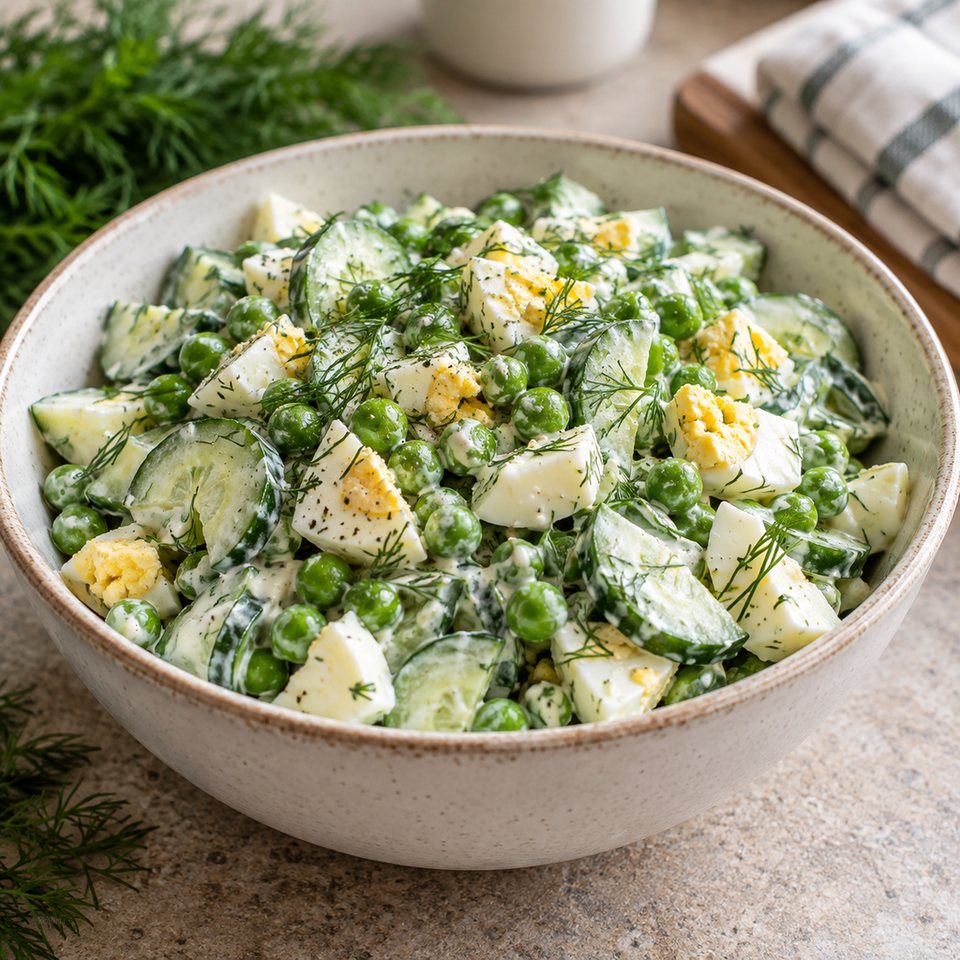 Салат с огурцом, яйцом и горошком