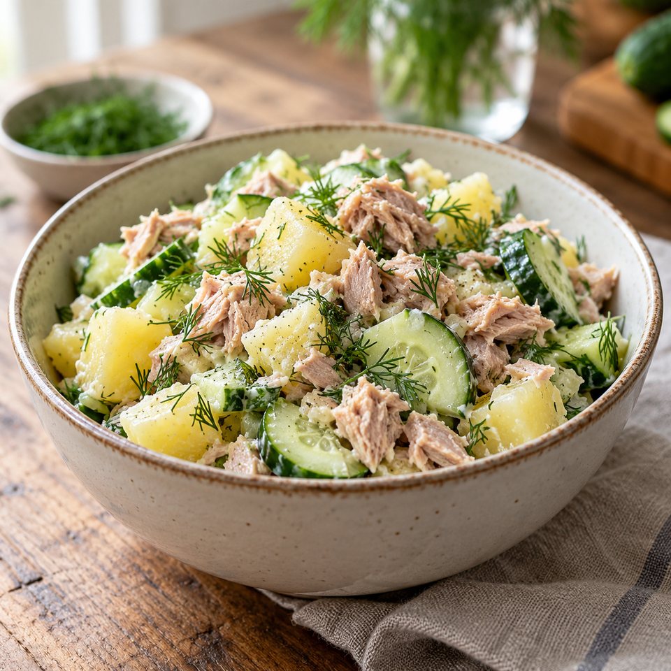 Салат с тунцом, картофелем и огурцом