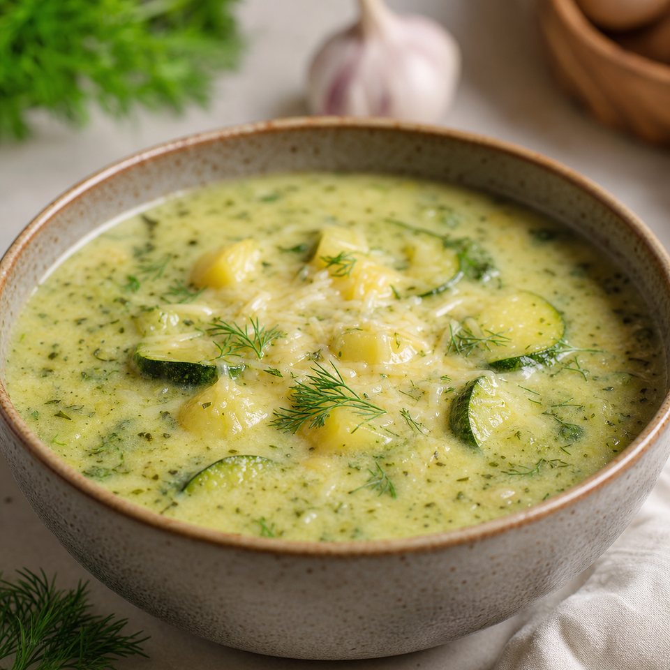 Суп с кабачком, плавленым сыром и укропом