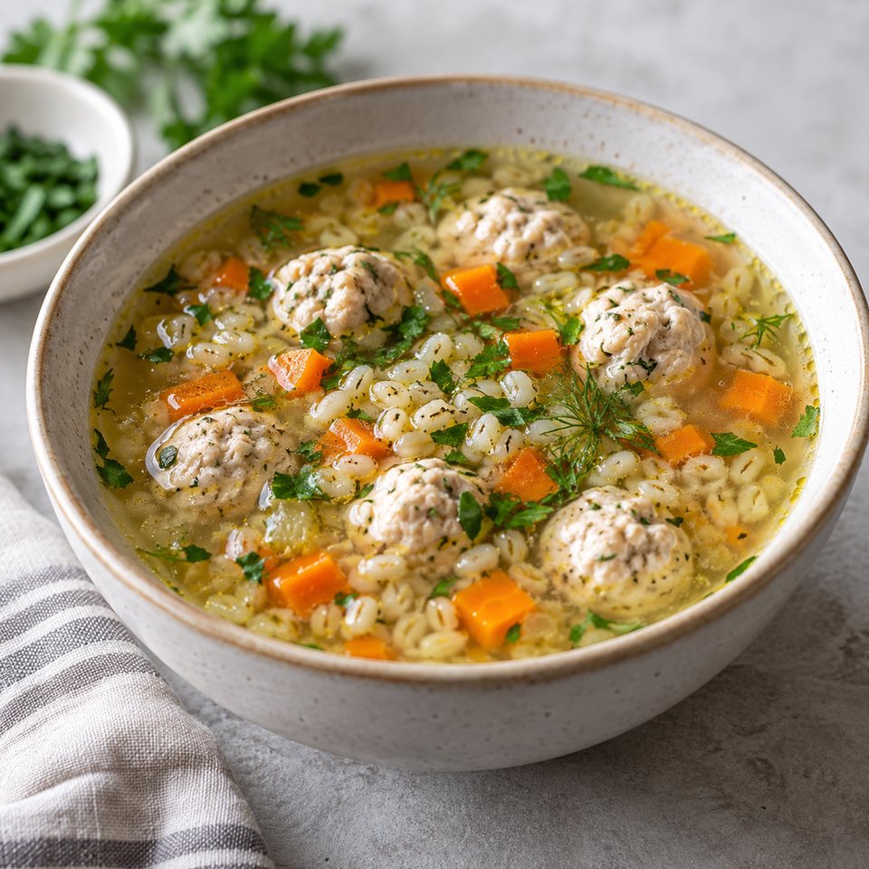 Суп с перловкой и куриными фрикадельками