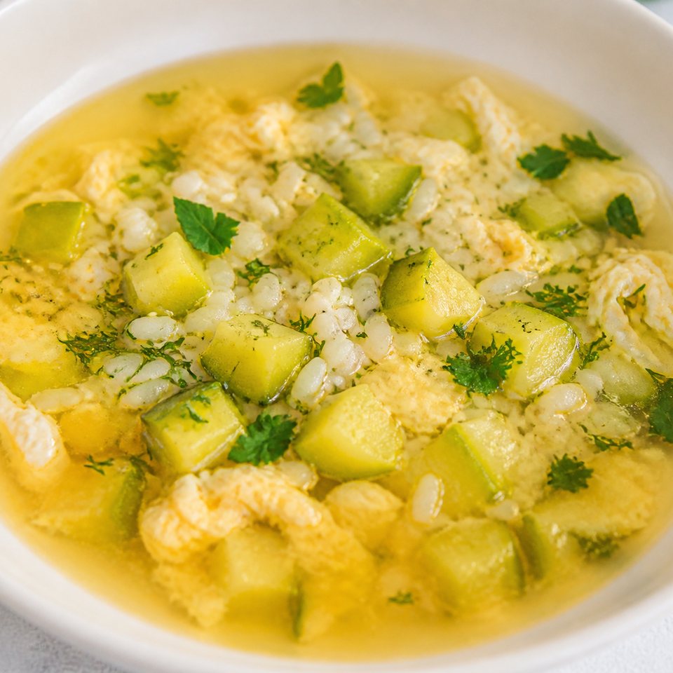 Суп с рисом, кабачком и яйцом