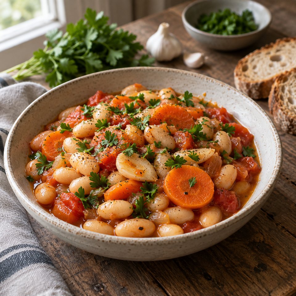 Теплая фасоль с морковью и чесноком