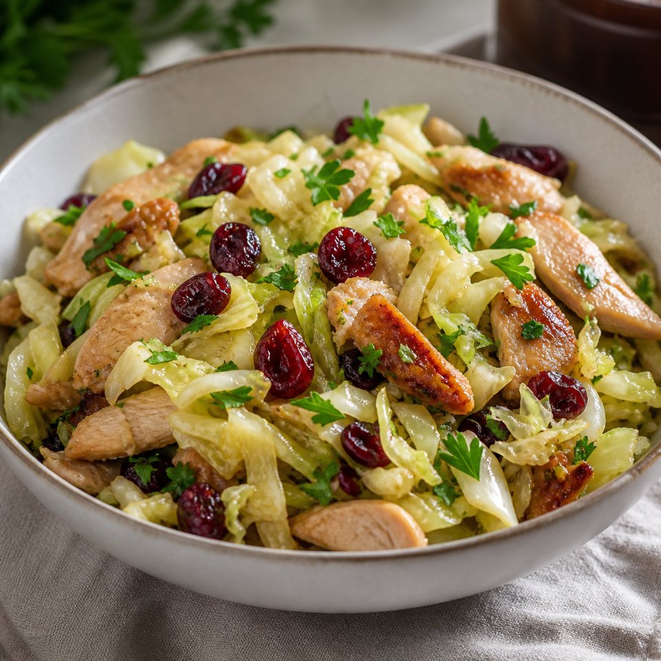 Теплый салат из капусты с индейкой и клюквой