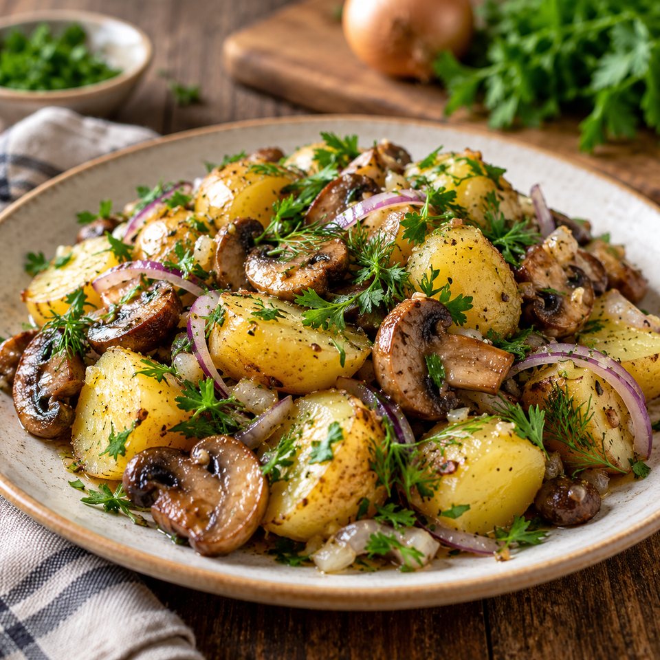 Теплый салат с картофелем, шампиньонами и огурцом