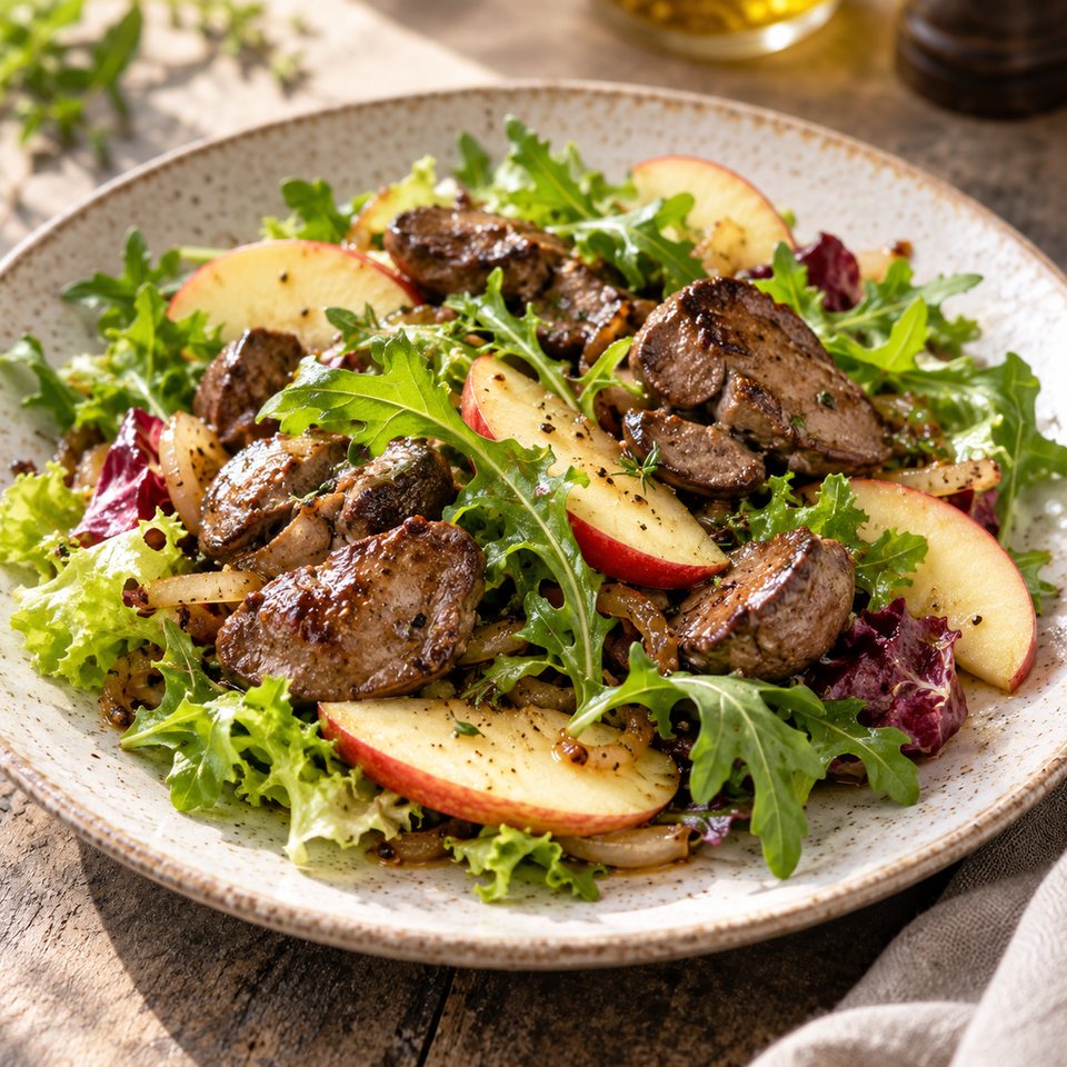 Теплый салат с куриной печенью и зеленым яблоком