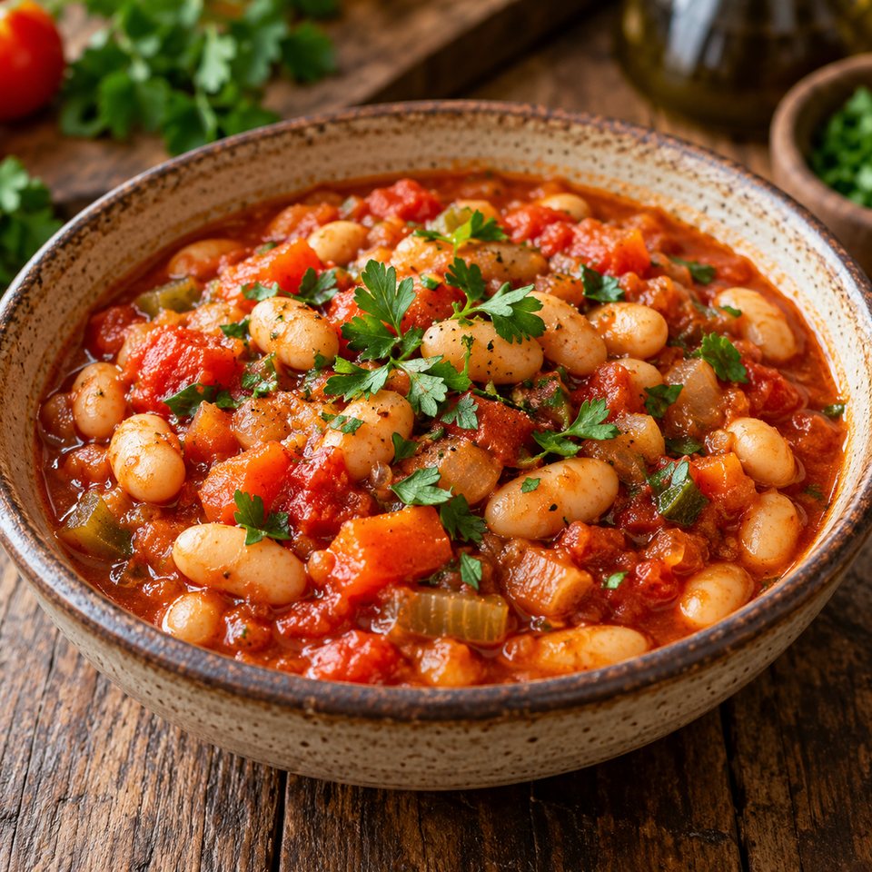 Тушеная фасоль с овощами и томатами