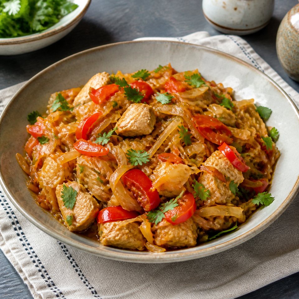 Тушеная капуста с курицей и сладким перцем