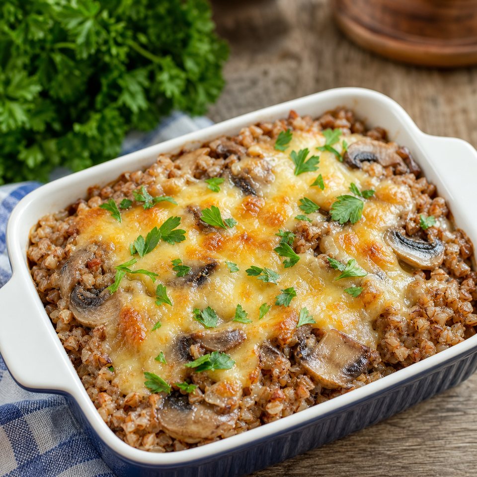 Запеканка из гречки с грибами и сыром